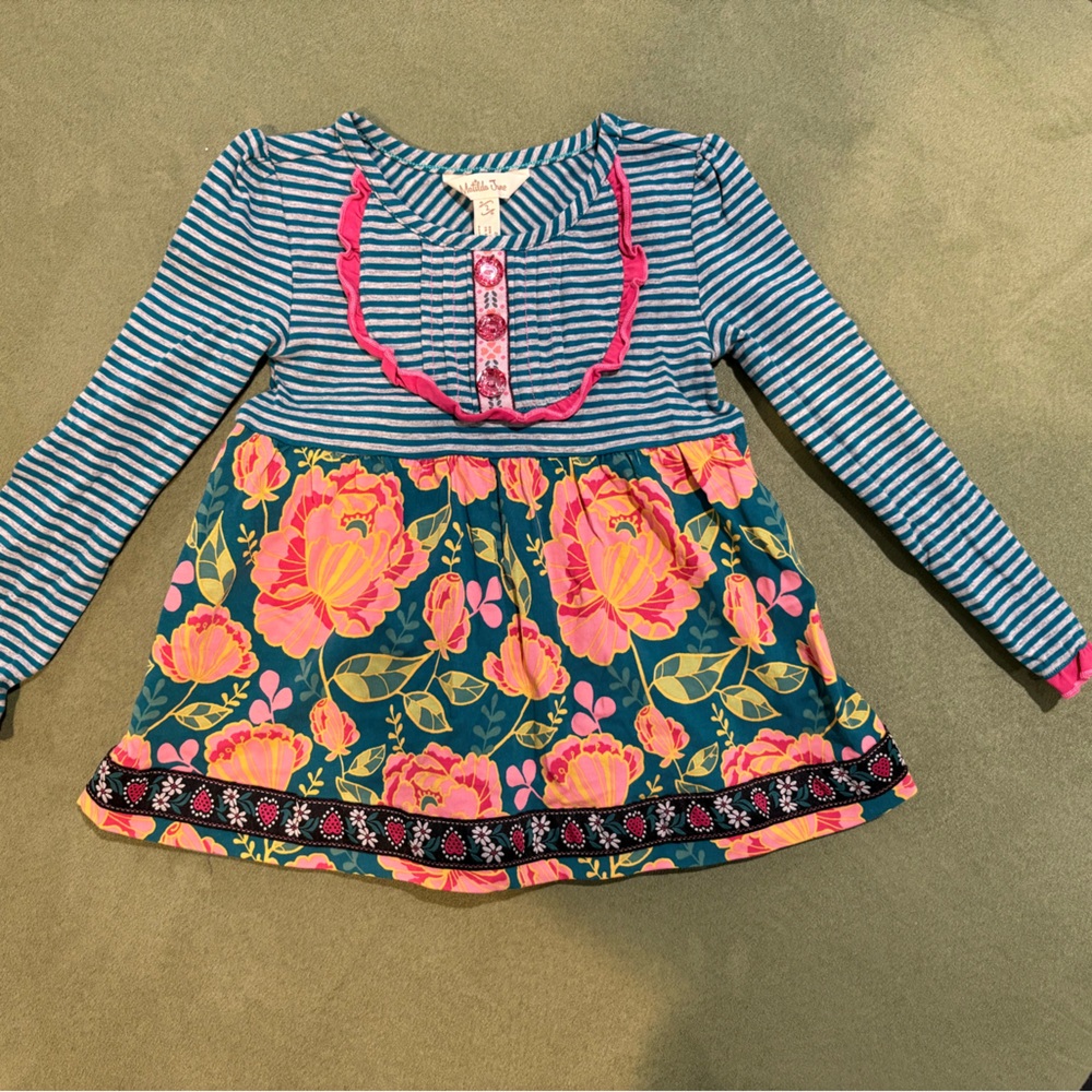 Matilda Jane Teal and White Striped Dress with Pink Floral Accents